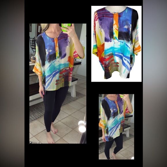 Lafayette 148 New York Multi Color Silk 3/4 Sleeve Flowy Tunic Blouse - Picture 1 of 9